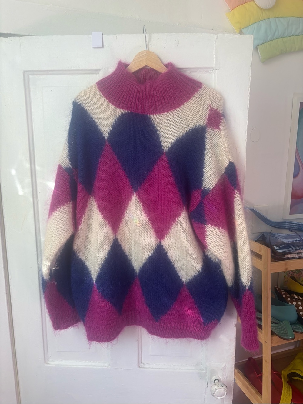 Vintage Nordstrom Brass Plum Argyle Mohair Turtlneck Sweater Size Large